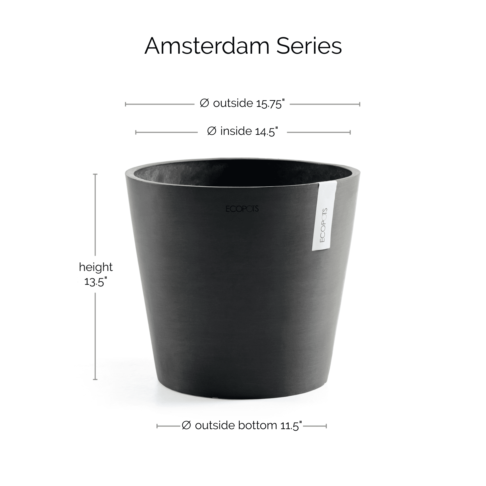 Ecopots Amsterdam Durable Modern Round Indoor/Outdoor Recycled Based Composite Flower Pot Planter, Dark Grey, 16"