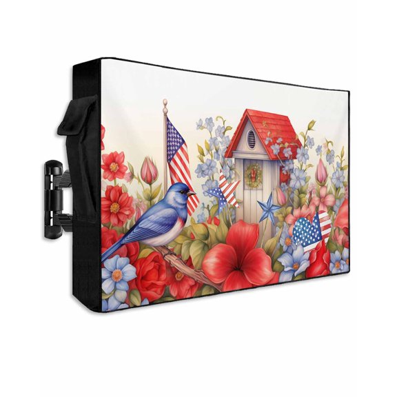 4th of July Outdoor TV Cover 40 to 43 Inch Weatherproof, Independence Day Floral Birds Farmhouse 600D Oxford TV Covers with Waterproof Zipper, Outside Flat TV Screen Protector Size 40"Wx25"Hx4.5"D