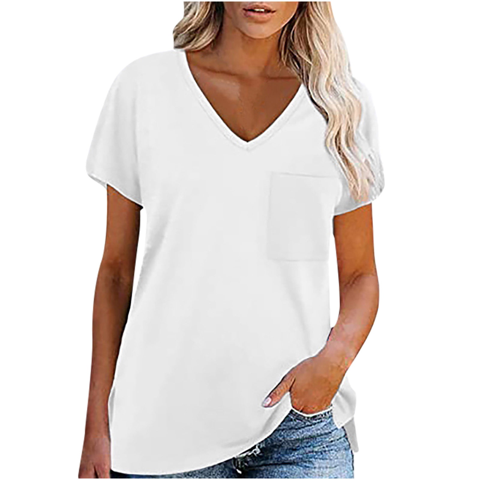Womens V Neck T-Shirt Ladies Short Sleeve Solid Summer Loose Blouse Casual Tops