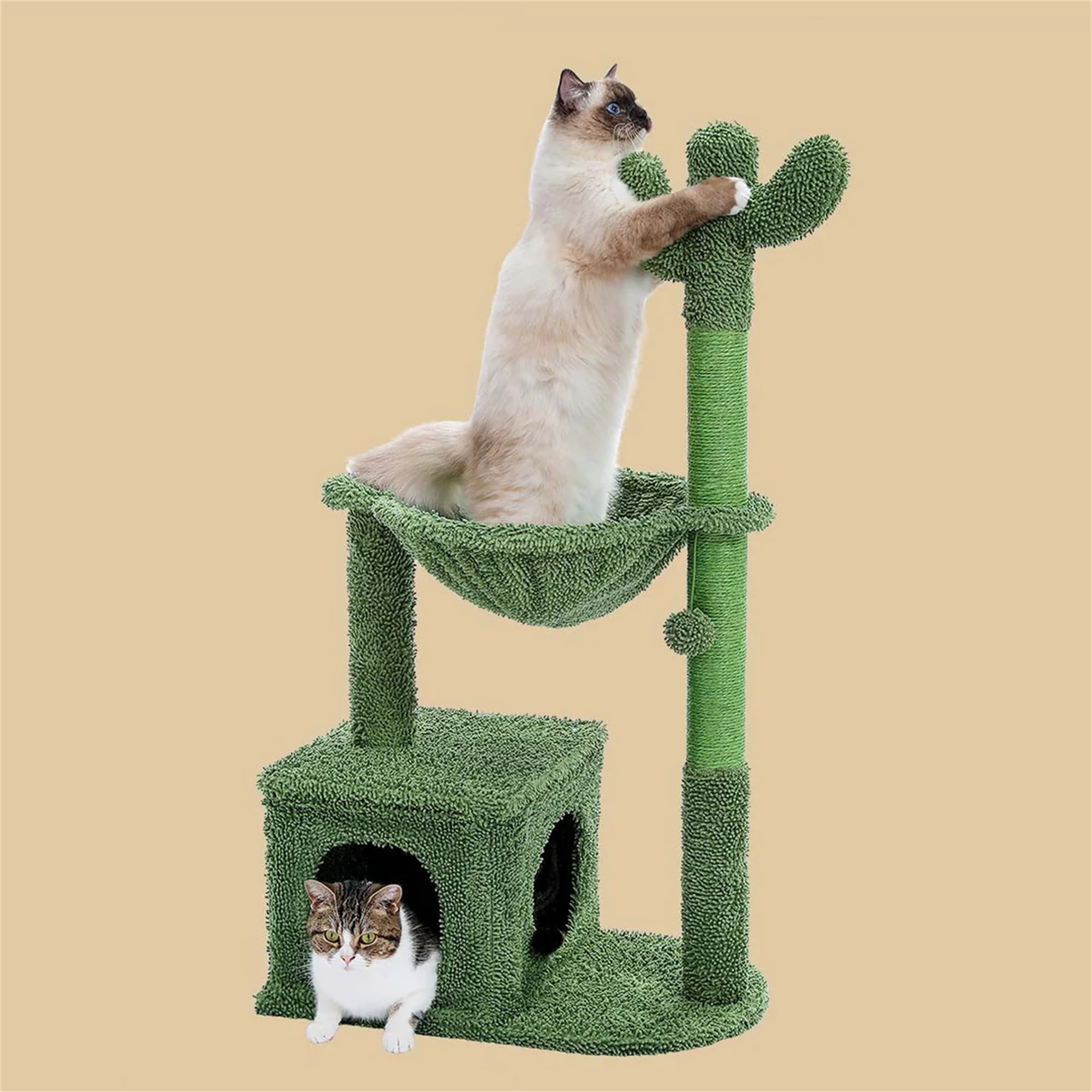Pefilos 39" Cactus Cat Tree Tower with Sisal Covered Scratching Post, Cozy Condo with Fluffy Balls, Indoor Cat Condo for Multiple Cats, Green