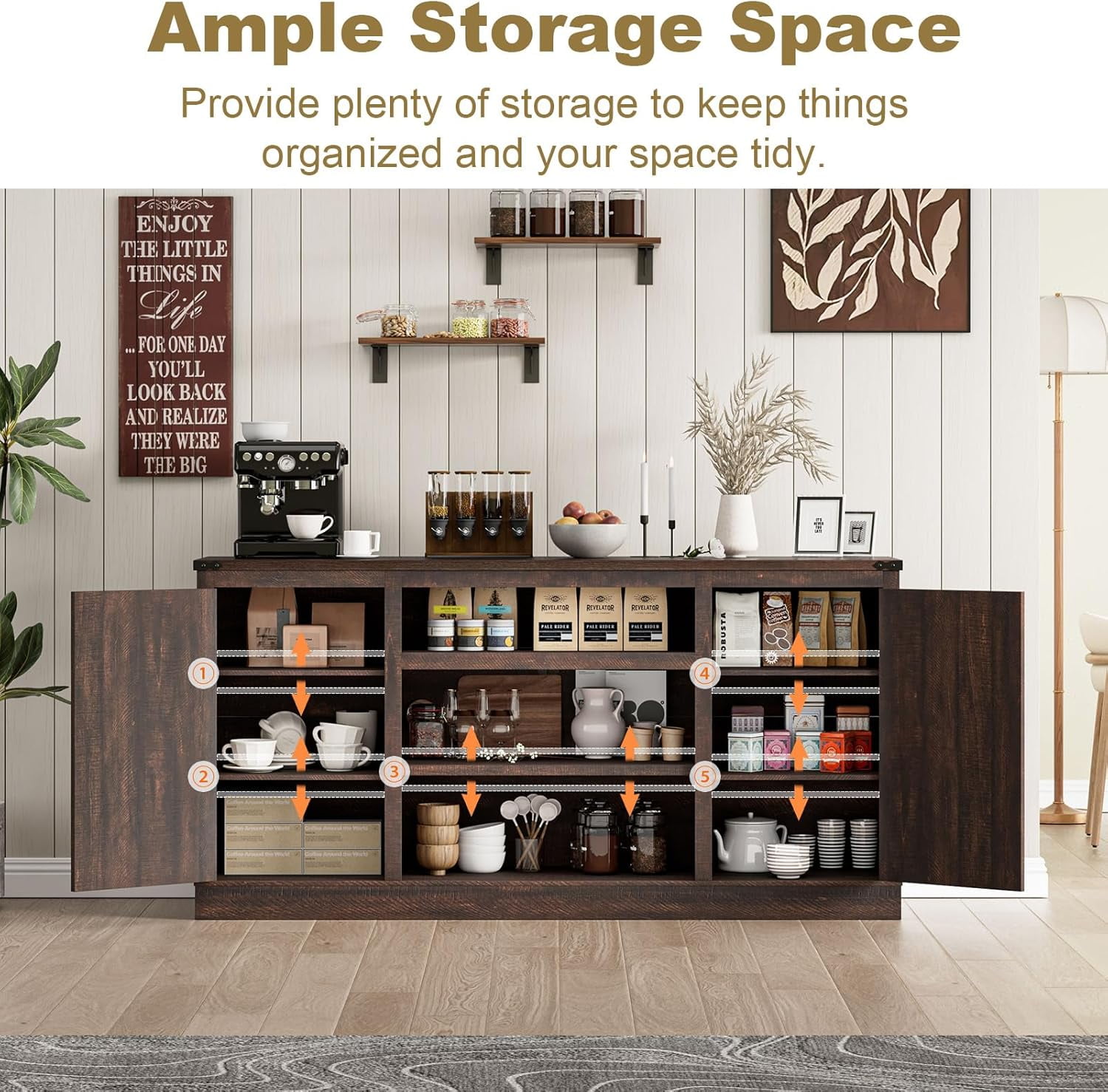 66''W Kitchen Buffet Sideboard Bar Cabinet with Power Outlet, Farmhouse Coffee Bar Cabinet with 4 Tier 9 Storage Shelves