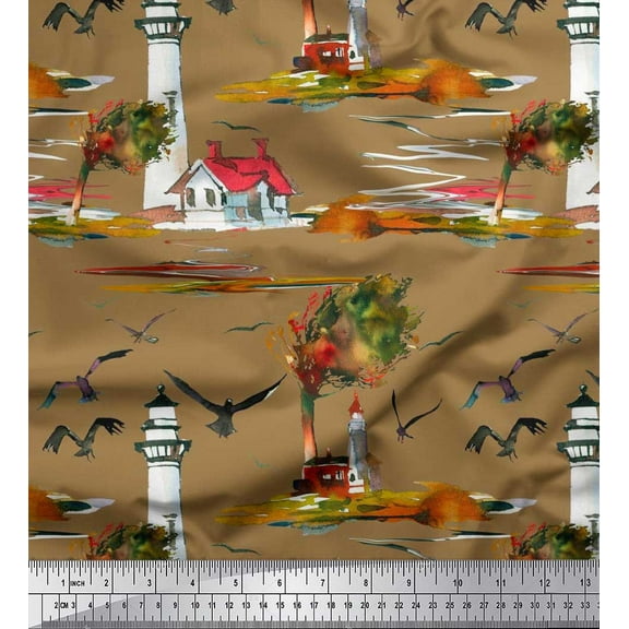 Soimoi Cotton Duck Fabric Lighthouse,Bird & Tree Nature Printed Fabric 1 Yard 42 Inch Wide