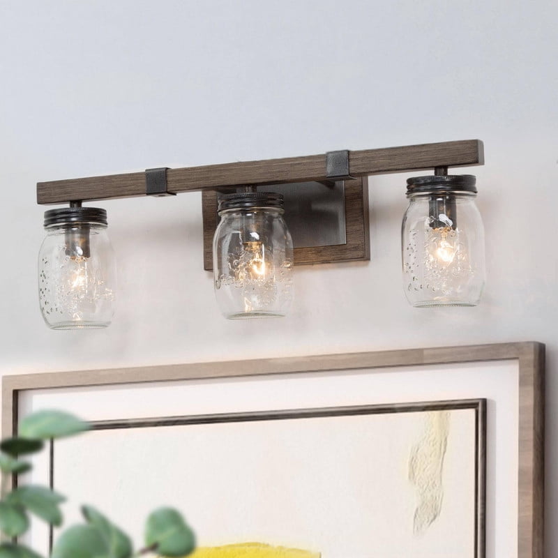 LNC 3-Light Black Geometric Clear Mason Jar Glass Modern Bathroom Vanity Light