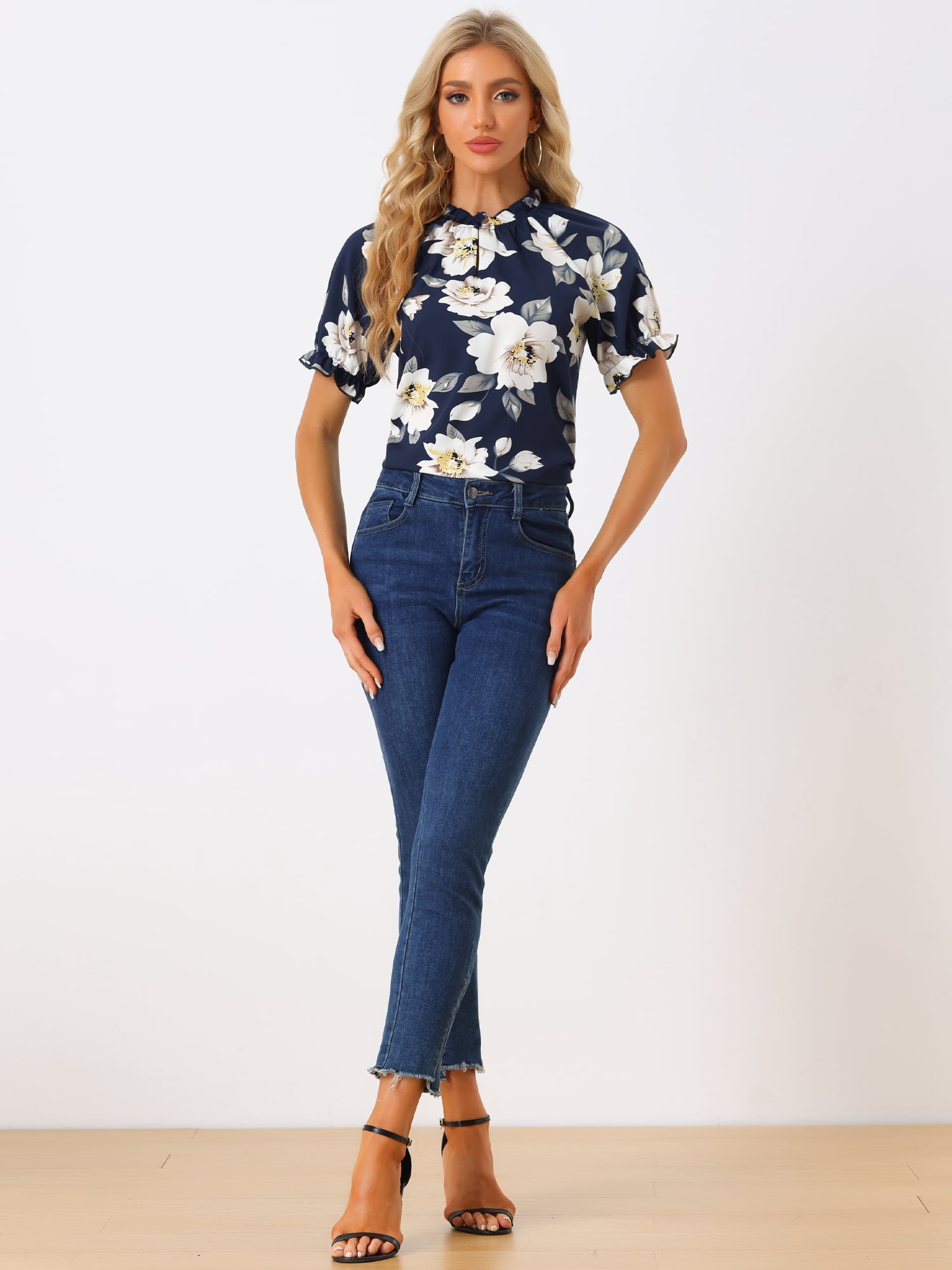 DARING DIVA Women's Floral Ruffled Neck Short Sleeves Top Blouse S Dark Blue