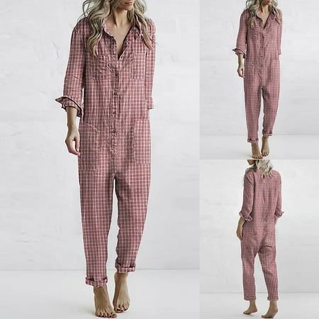 

Rompers for women Women S Fashion Slim Fit Plaid Solid Color Single Breasted Jumpsuit Vintage CHMORA