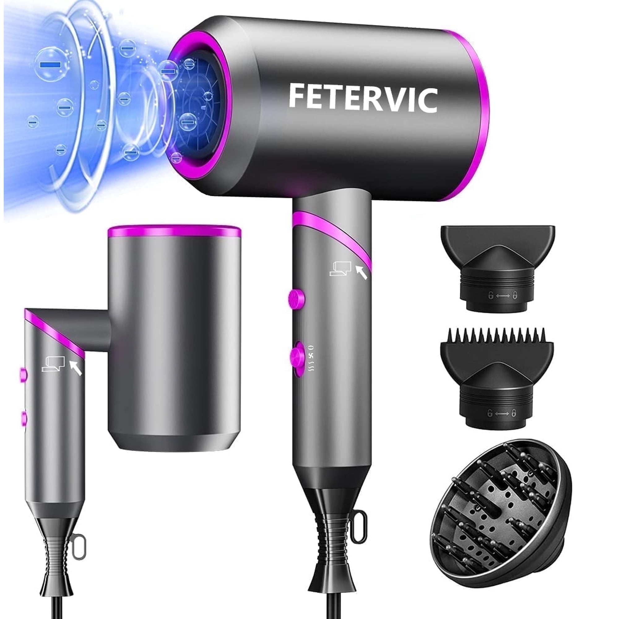 FETERVIC Folding Hair Dryer 2000W, Lightweight Travel Blow Dryer with Ionic Technology, 2 Speed & 3 Heat Settings, Low Radiation, Diffuser & Nozzles Included