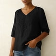thumbnail image 7 of Womens Tops Cotton Linen Elbow Length Sleeve Tshirts for Women V Neck Pullover Solid Color Summer Fall Tees, 7 of 7
