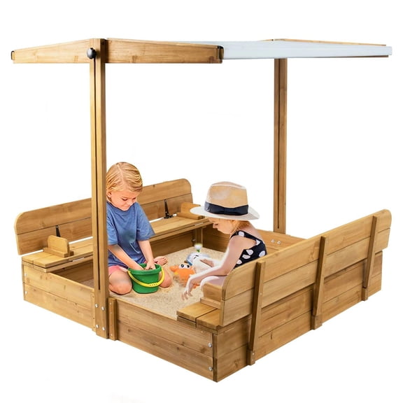 Gowoodhut 47''L Wooden Sandbox with Lid Outdoor Sand Box with Adjustable Height Roof for Backyard Playing