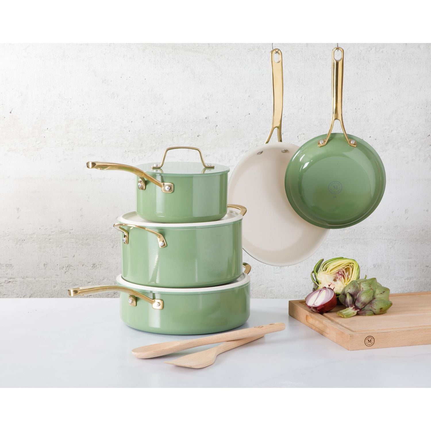 Martha Stewart Galway 10 Piece Aluminum Cookware Set w/Alum Lid, Sage