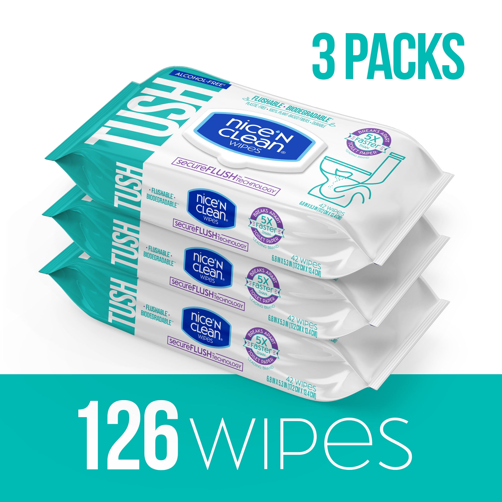Nice 'N CLEAN SecureFLUSH Biodegradable Alcohol Free Flushable Wipes, Gentle for Sensitive Skin, 3 Flip-Top Packs (126 Total Wipes)