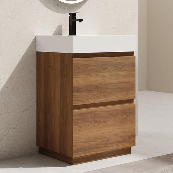 Modern 30" Bathroom Vanity with Sink Combo, Freestanding Bathroom Cabinet with Undermount Ceramic Sink, Small Bathroom Vanities, Bathroom Storage Vanity Set w/ 2 Drawers, Brown