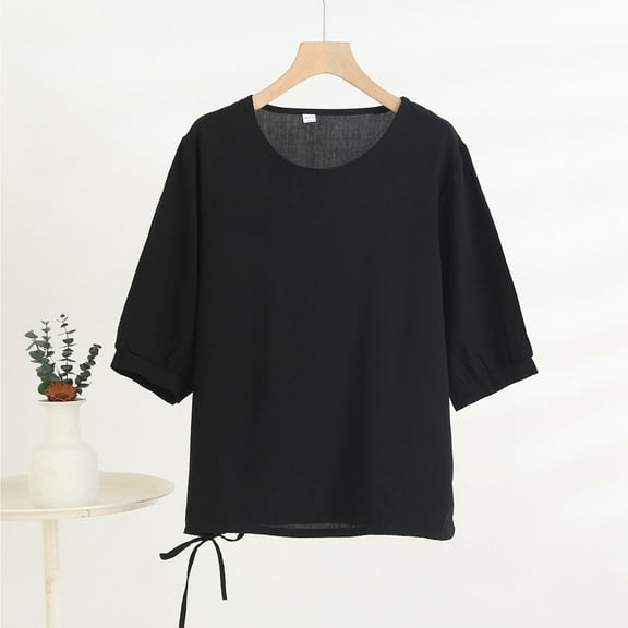 Qulqfy Women 3/4 Sleeve Shirts Cute Crew Neck Petite Black Shirts Drawstring Plain Tees for Women S