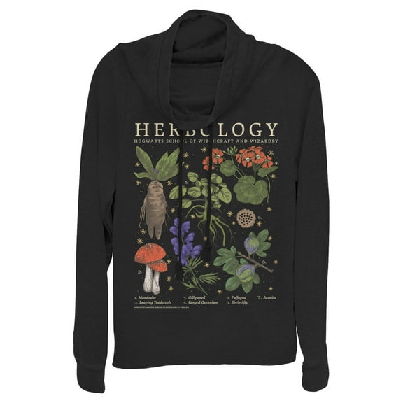 Junior's Harry Potter Hogwarts Herbology  Cowl Neck Sweatshirt Black 4X Large
