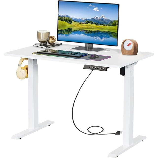 Yvike Bureau Debout Électrique à Hauteur Réglable, Table d'Ordinateur Assis-Debout, 55 x 24 Pouces Ergonomique Relevable Moderne Motorisée pour Jeux, pour le Travail et le Bureau à Domicile - Blanc