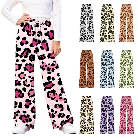 Dzrciro Girls Sweatpants, Drawstring Elastic Waist Straight Leg Leopard Printed Pants with Pockets, Lightweight Outdoor Trousers, 5-15 Years