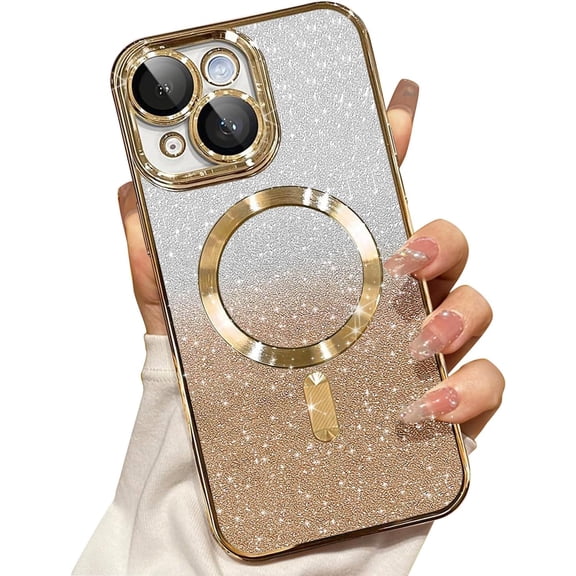 Compatible with iPhone 14 Pro Magnetic Glitter Case with Camera Lens Protector Full Protection Case Compatible with MagSafe Elegant Anti-Scratch Case Cover for iPhone 14 Pro Gold