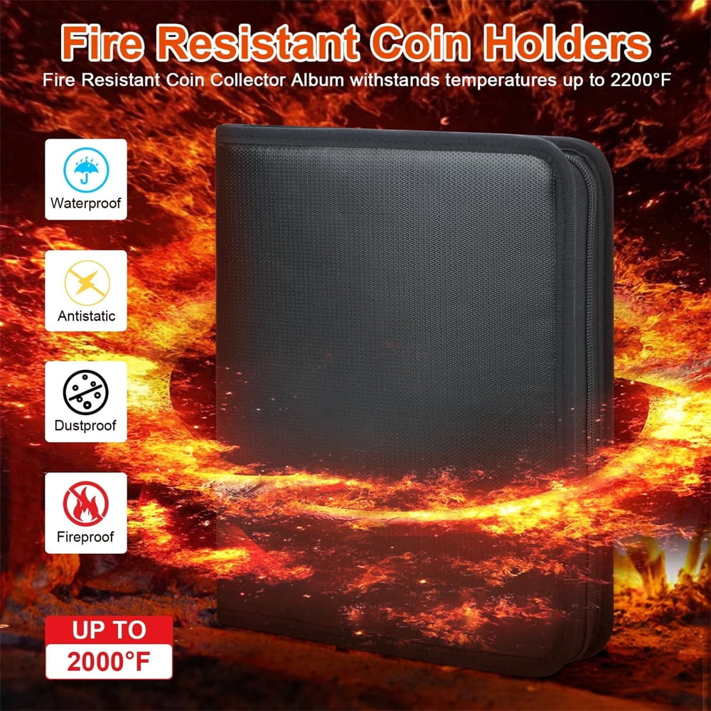 NOGIS Fireproof Coin Collection Book Holder for Collectors,360 Pockets Coins Collecting Album & 36 Sleeves Currency Storage Case for Coin Collection Supplies,Bill,Pennies, Quarters,Stamp