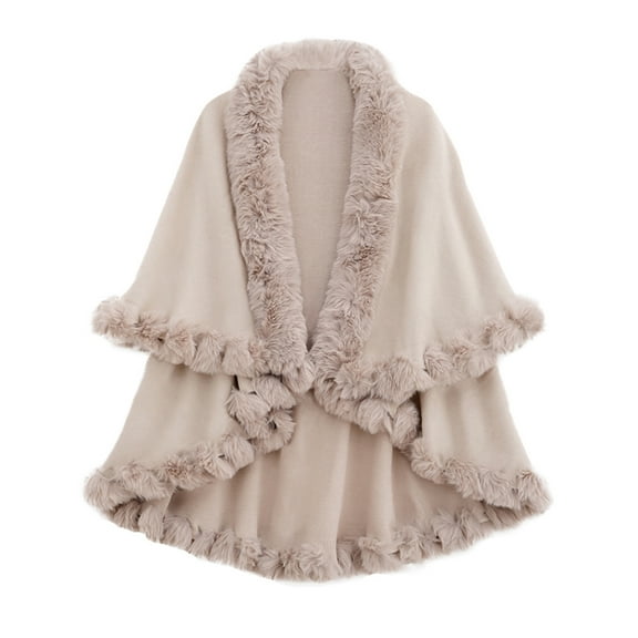 Faux Fur Trim Cardigan Cloak Shawl Wraps Winter Poncho Oversized Cape Beige One Size