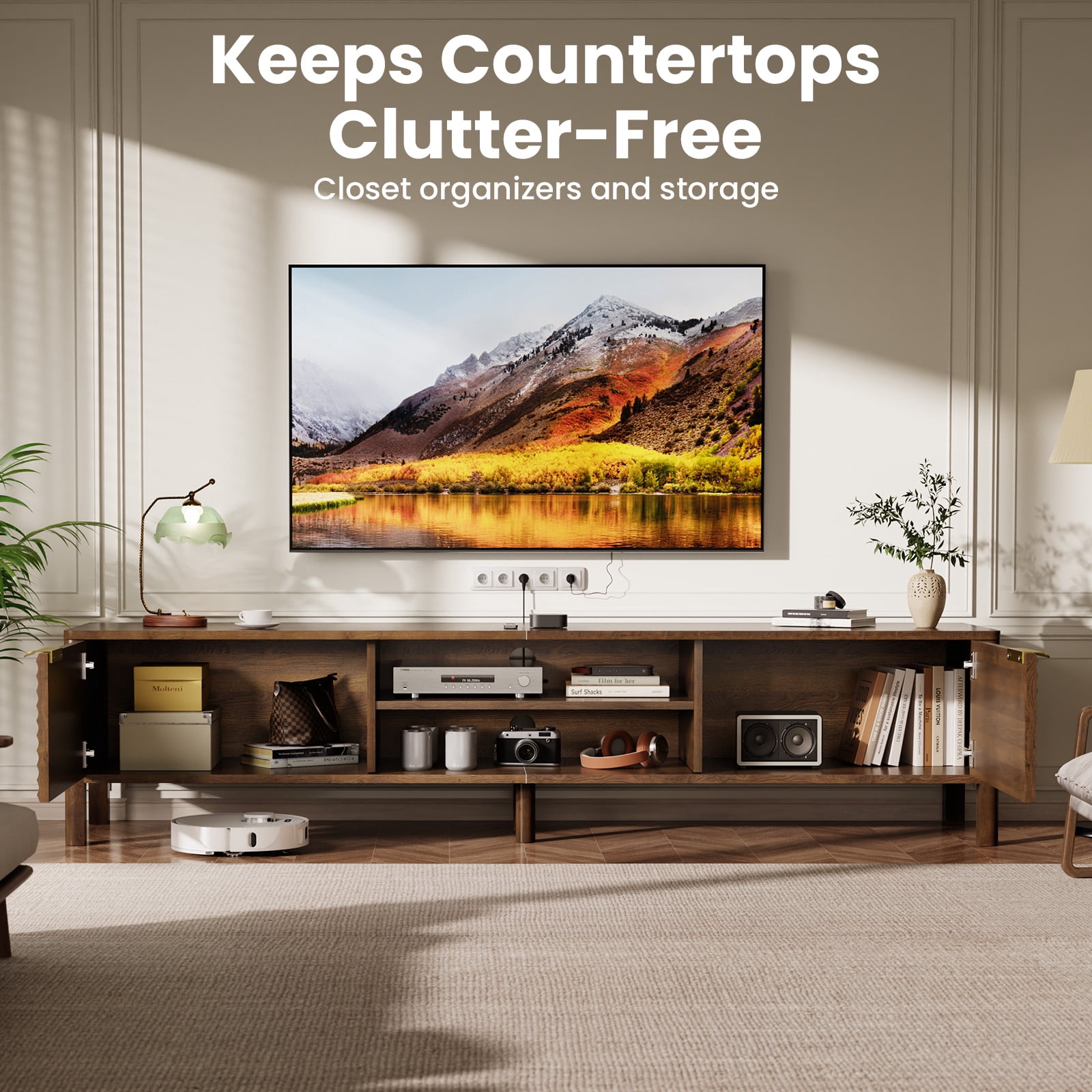 Domusio Fluted TV Stand for TVs up to 65" Mid-Century Media Console with Open Storage Entertainment Center for Living Room, Walnut