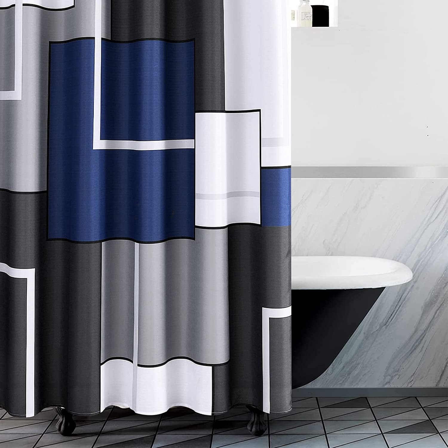 Blue Shower Curtain Set with Hooks Blue and White Shower Curtains for Bathroom Fabric Grey Shower Curtain Abstract Geometric Bath Curtains Decorative Gray Shower Curtain Water Repellent 72x72