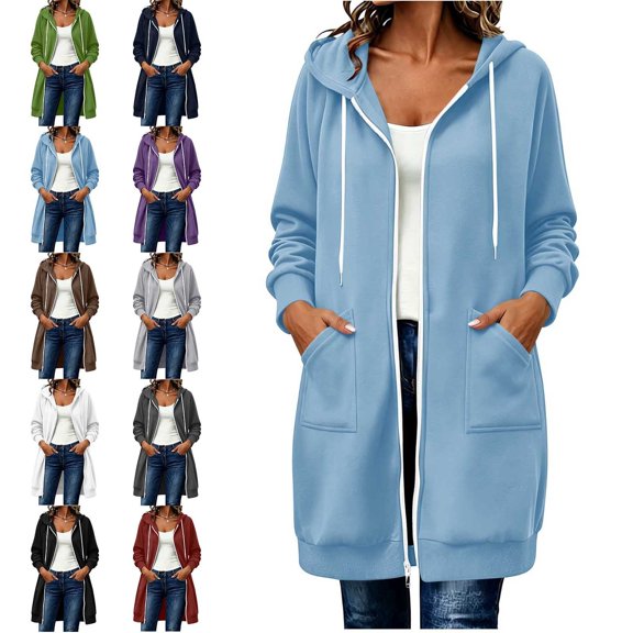 SwiftWear Women's Zip Up Hoodie Oversized Long Tunic Bucket Pocket Sweatshirt Full Length Casual Drawstring Coat