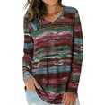 thumbnail image 3 of ZheElen T-shirt Femme Automne Imprimé Col en V Manches Longues Blouse Décontractée, Rouge Vin, L, 3 of 6