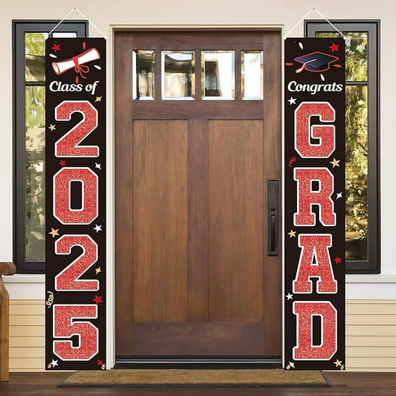 Graduation Decorations Class of 2025, Red & Black Congrats Grad Banner Hanging Flags Porch Sign, 2025 Graduation Decorations Party Supplies for Any School Indoor/Outdoor Decor