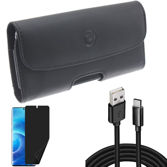 Privacy Screen Protector w Case Belt Clip w 10ft USB Cable for Samsung Galaxy S20 - TPU Film [NOT GLASS], Leather Holster, Type-C Charger Cord X9W fits Samsung Galaxy S20 Model