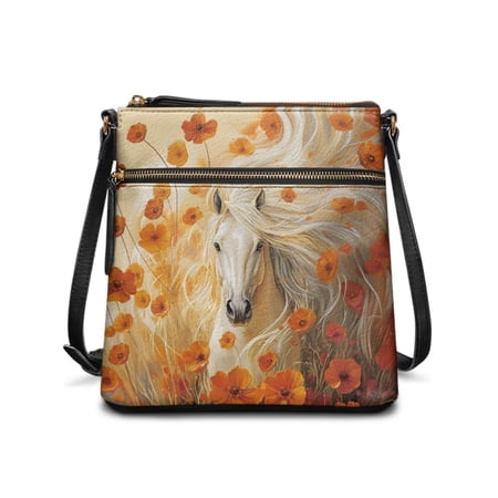 DISNIMO Horse Flower Print Satchel Shoulder Bags for Women PU Leather Messenger Handbag with Multi-Pockets Lightweight Purses with Removable Straps and Zipper Closure