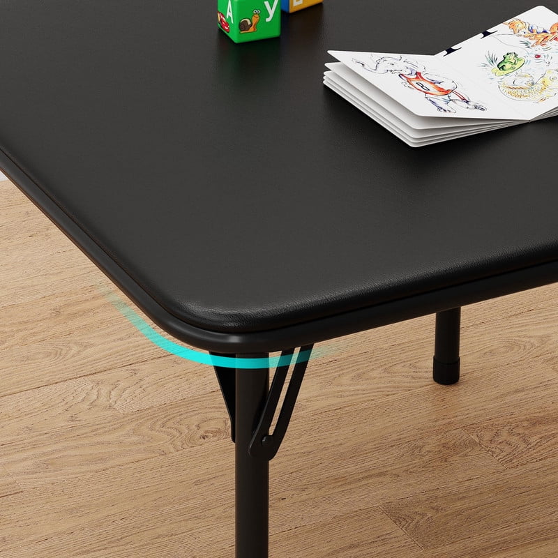 Towallmark 3 Piece Kids Table and Chairs Set, Folding Childrens Activity Table with Soft Cushion, Square Metal Frame Table Set for Daycare Classroom, Upholstered Card Table, Black
