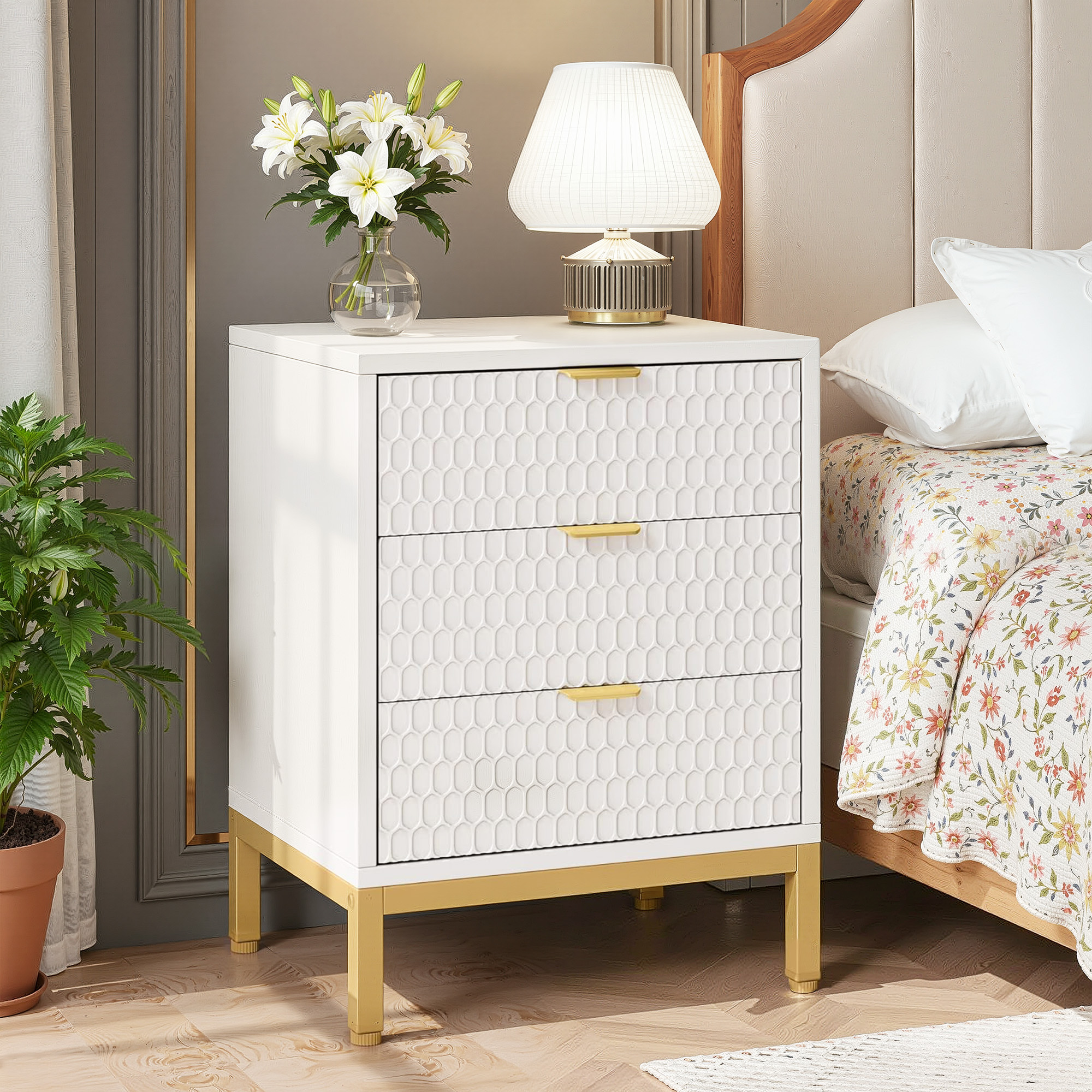 MAYEERTY Tall White Nightstand with 3 Glide Drawers, Honeycomb Hexagon Pattern & Gold Metal Base