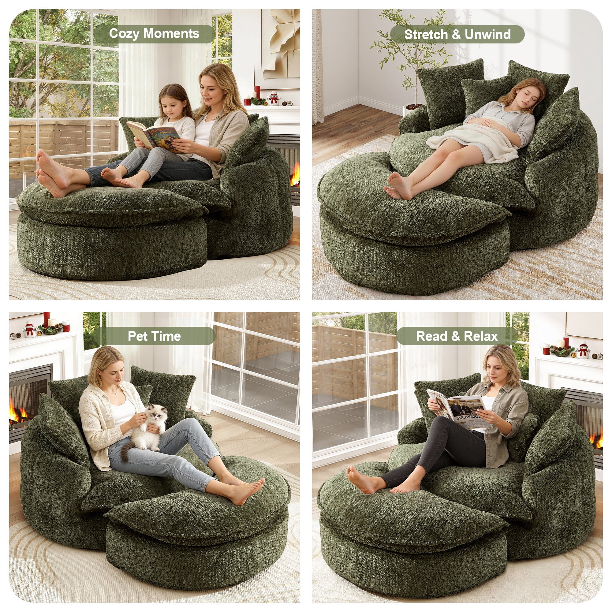 Aukfa 75" Oversized Round Chaise Lounge Chair with Half Moon Ottoman, Boneless Cloud Circle Deep Seat Sofa Set for Living Room, 5 Pillows, No Assembly Required, Olive