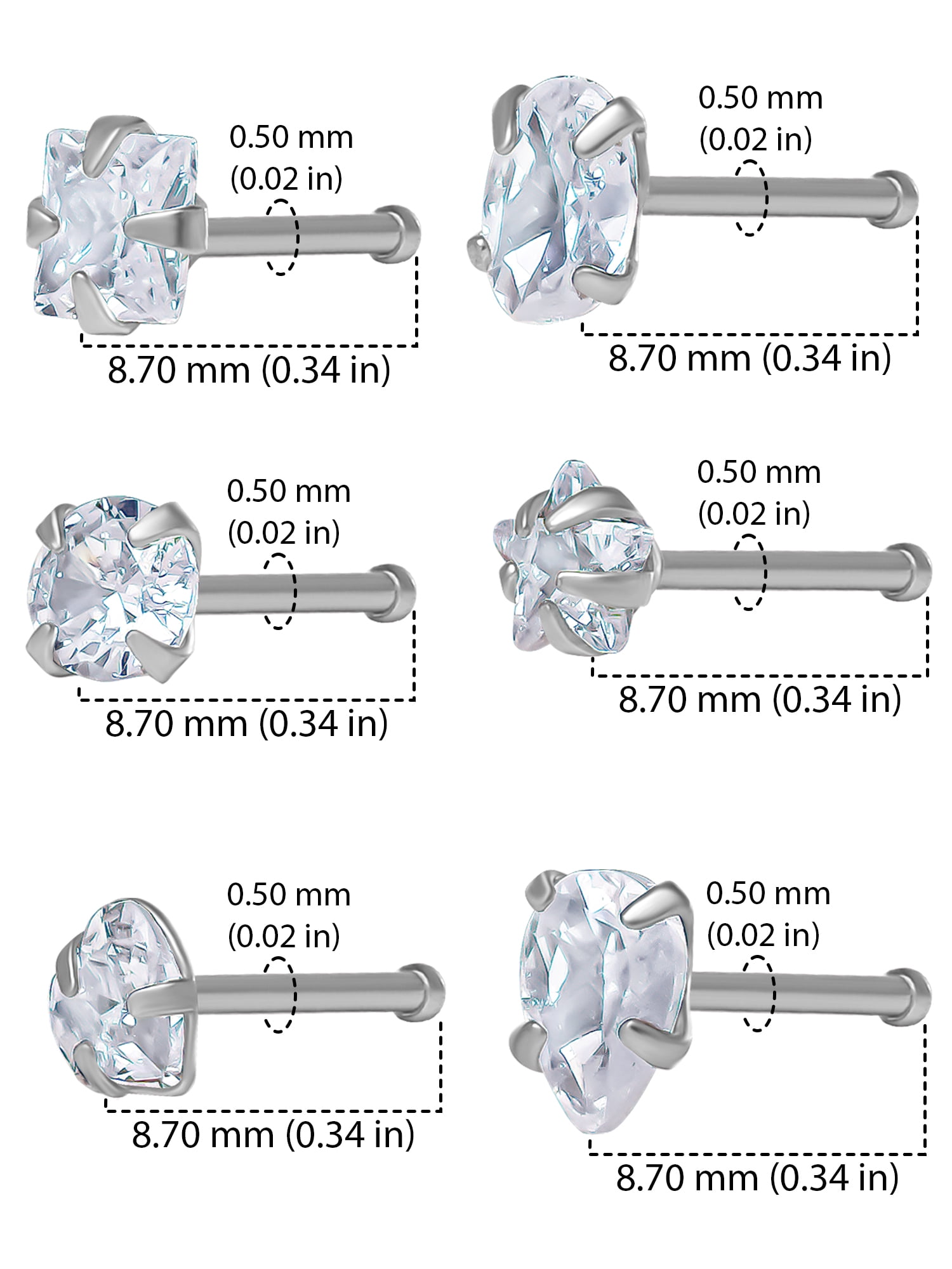 Body Jewelry 22G Women's Stainless Steel Crystal Nose Rings, 6 Pack