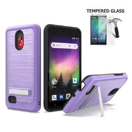Coolpad Illumina Case, Phone Case for Boost Mobile Coolpad Illumina 8GB Prepaid Smartphone, Dual Layer Metallic Brushed Style Shockproof Protection Cover Case with Kickstand (Purple + Tempered