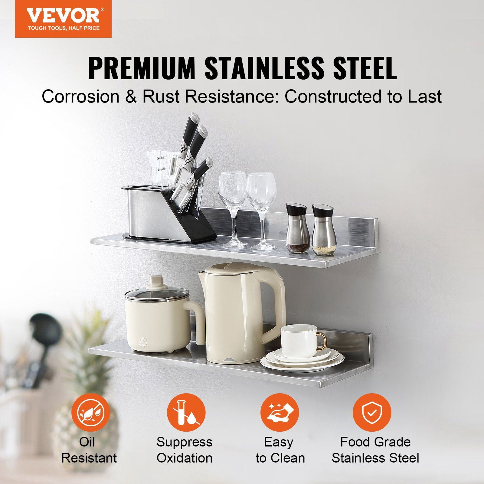 8.6x30 Inch Stainless Steel Wall Mounted Floating Shelf with Backsplash 44 lbs Load Capacity Heavy Duty Commercial Storage Rack for Restaurant Kitchen Bar Home Hotel