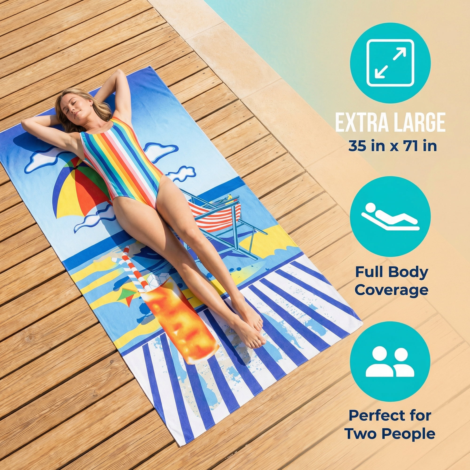 Unique Bargains 2 Pack Absorbent Lightweight Oversized Beach Towel MultiColor 71" x 35"
