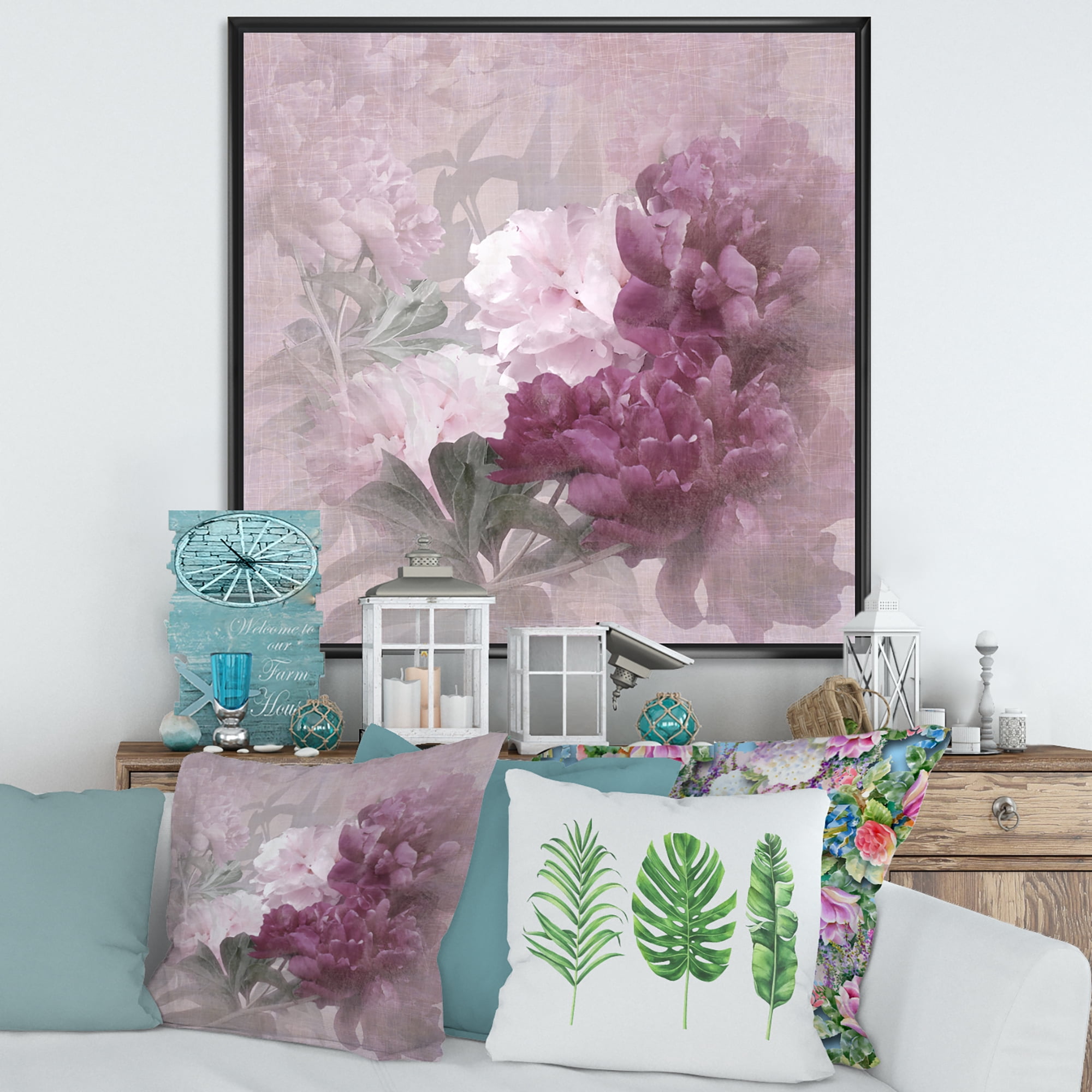 Designart 'Ancient Pink and Purple Flowers II' Traditional Framed Canvas Wall Art Print