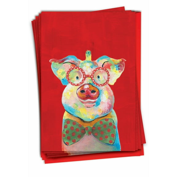 Pack of 12 Merry Christmas Greeting Cards (1 Design, 12 Cards) - Christmas Funny Farm - Pig C4982FXSG-B12