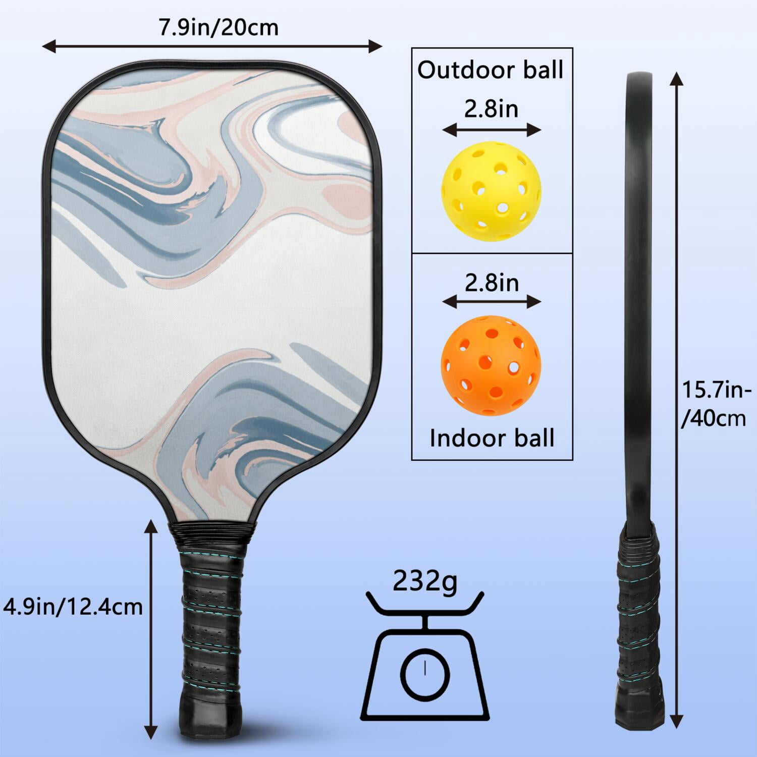 Pickleball Paddles Set Of 1, Fiberglass Surface, Liquid & Marble Print, 1 Paddles, 2 Balls & Bag