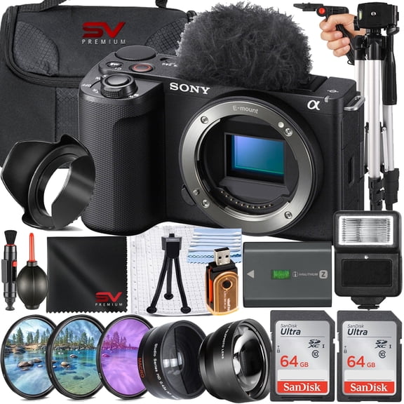 Sony ZV-E10 II Mirrorless Camera (Black) (Body Only)   2 Pack 64GB Memory Card   Case   Flash   SV Premium Accessory Bundle (International Model)