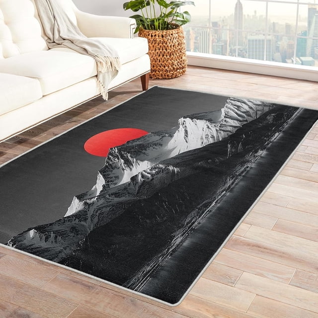 Mountain Rugs for Living Room - Mountain Rug & Home Decor, 3x4 Area Rug, Red Sun Rugs for Entryway, Washable Non Slip Soft Low Pile Small Indoor Door Mat, Black and Red Carpet & Room Decorations