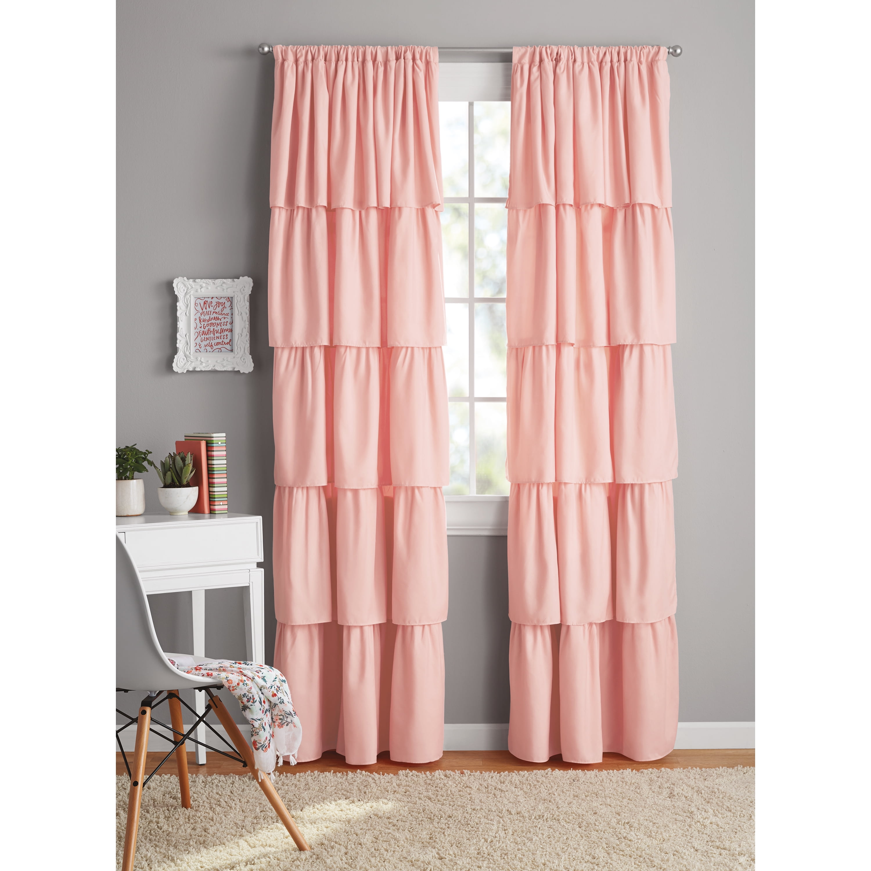 Your Zone Ruffle Girls Bedroom Single Curtain Panel, 42" W x 84"L, Coral