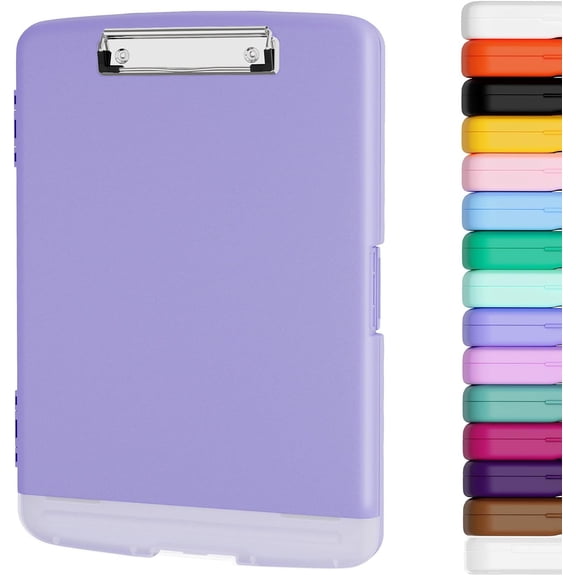 Clipboard with Storage, 8.5 x 11 Organization Box with Pen Holder and A4 Legal Paper Folder, Folio & Side-Opening, Low Profile Clip,for Nurses,Teachers, Size 14 x 9.6 x 1.2 in,Lilac