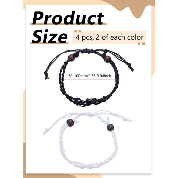 1set 4pcs 2 colors Adjustable Waxed Cord Bead Bracelets Empty Macrame Pouch Bracelet Making with Wood Beads Mixed color Inner Diameter: 2-3/8~4 inch(6~10cm) 2pcs/color