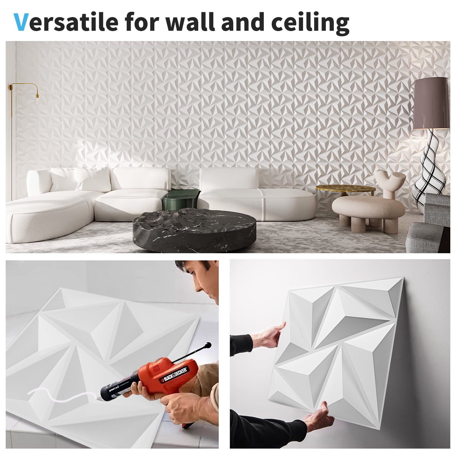 20PCS 11.8'' x 11.8'' PVC 3D Wall Panel Diamond for Interior Wall Décor in White, Wall Decor PVC Panel, 3D Textured Wall Panels
