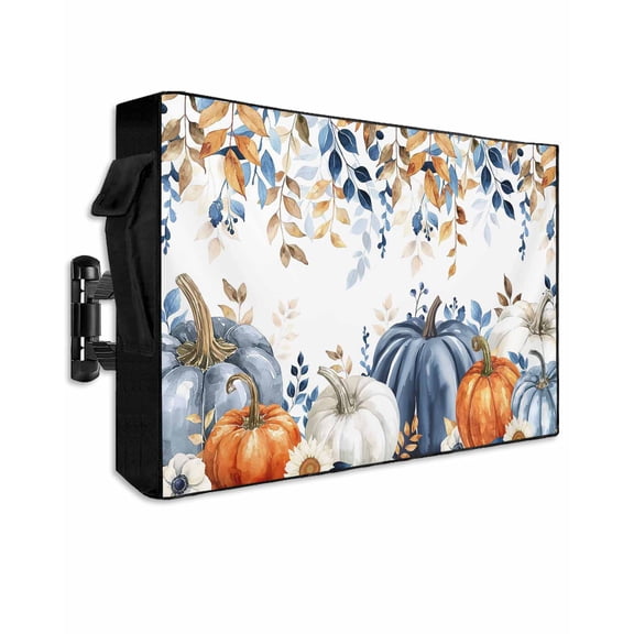 Outdoor TV Cover 40 to 43 Inch Weatherproof, Floral Fall Thanksgiving Waterproof TV Screen Protector for Outside Decor with Zipper and Pocket 40"L x 25"H , Orange Blue Boho Pumpkin White