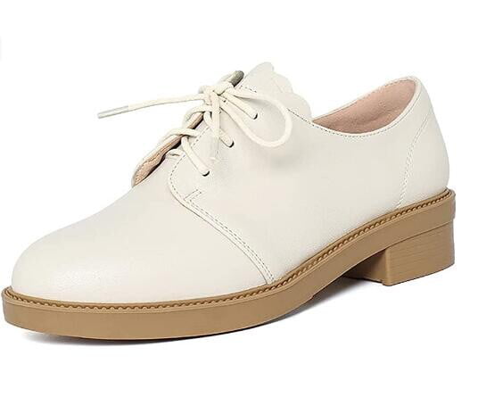 RoseG Women Lace Up Flat Oxfords Low Heels Casual Leather Shoes White Size7