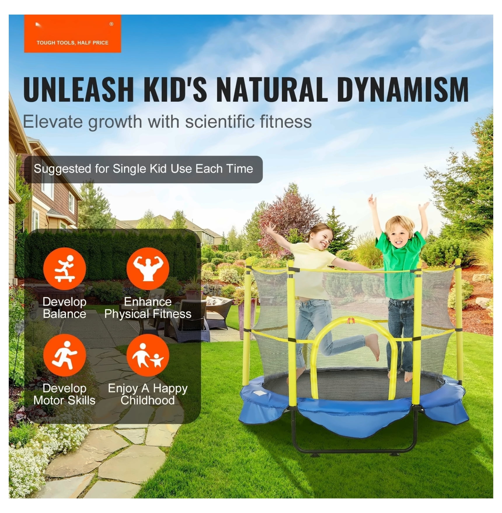 5FT Trampoline for Kids, 60" Indoor Outdoor Trampoline with Enclosure & Basketball Hoop, Mini Toddler Trampoline for 3+ Years Old, Birthday Gifts
