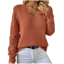Kaemgyyd Sweater for Womens Fall Outfit Soft V Neck Long Sleeve Knit Pullover Casual Loose Solid Color Hollow out Top