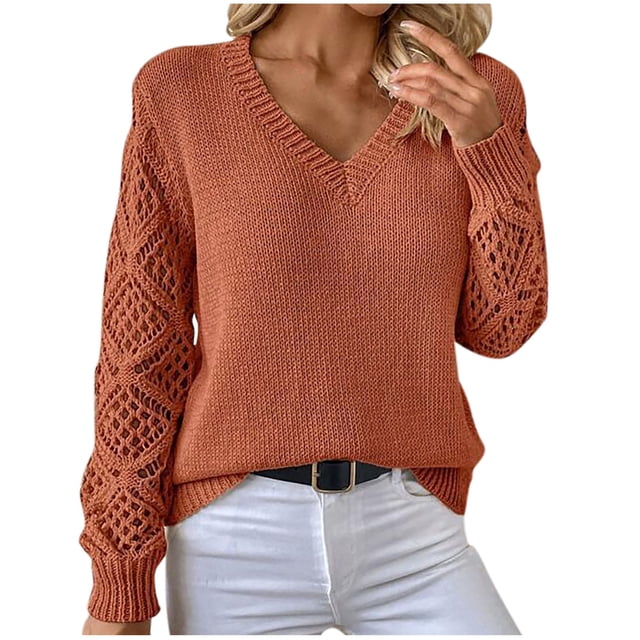 XuJwPNcy Chandails pour Femmes Manches Longues Décontractées Col en V Creux Léger Chandail-Over Mode Automne